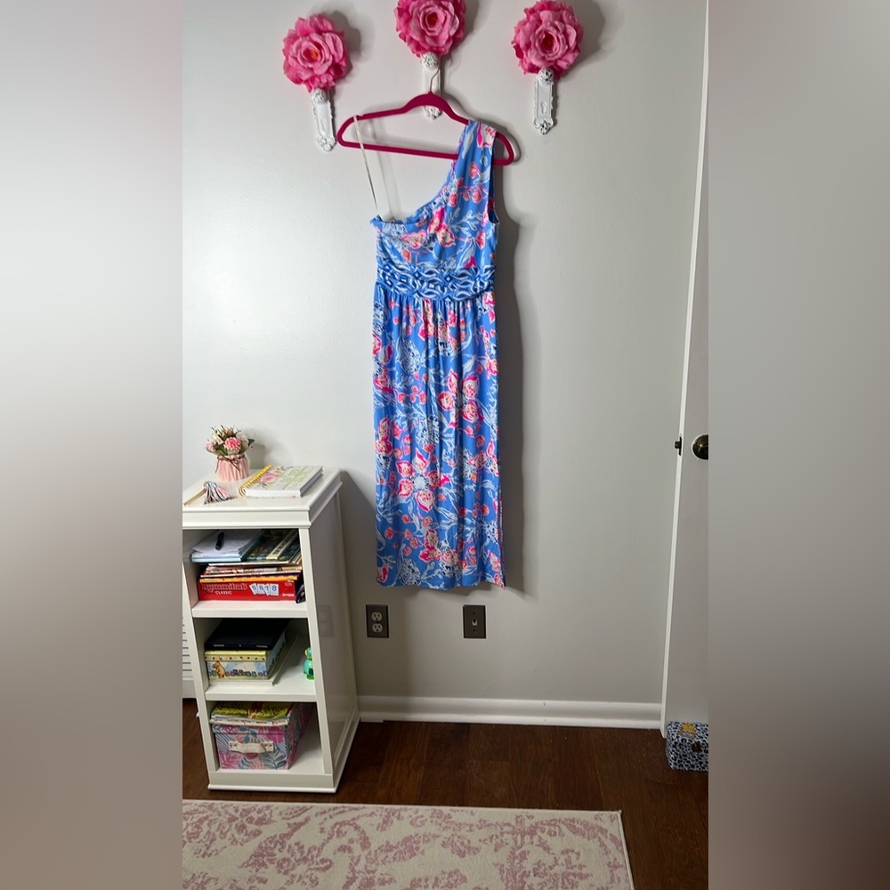 Lilly Pulitzer Helina One Shoulder Midi Blue Dress in Bahamian Rhapsody Swim, M. - Picture 14 of 14